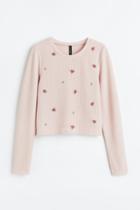 H & M - Embroidered Ribbed Top - Pink