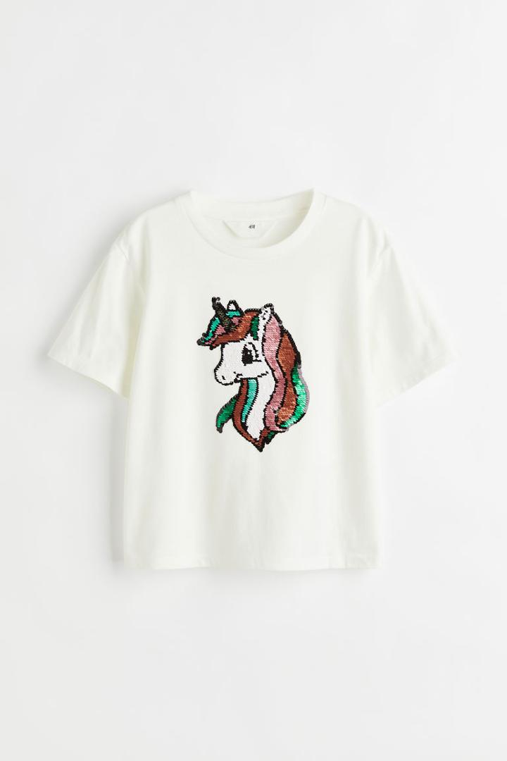 H & M - Reversible Sequin-motif T-shirt - White