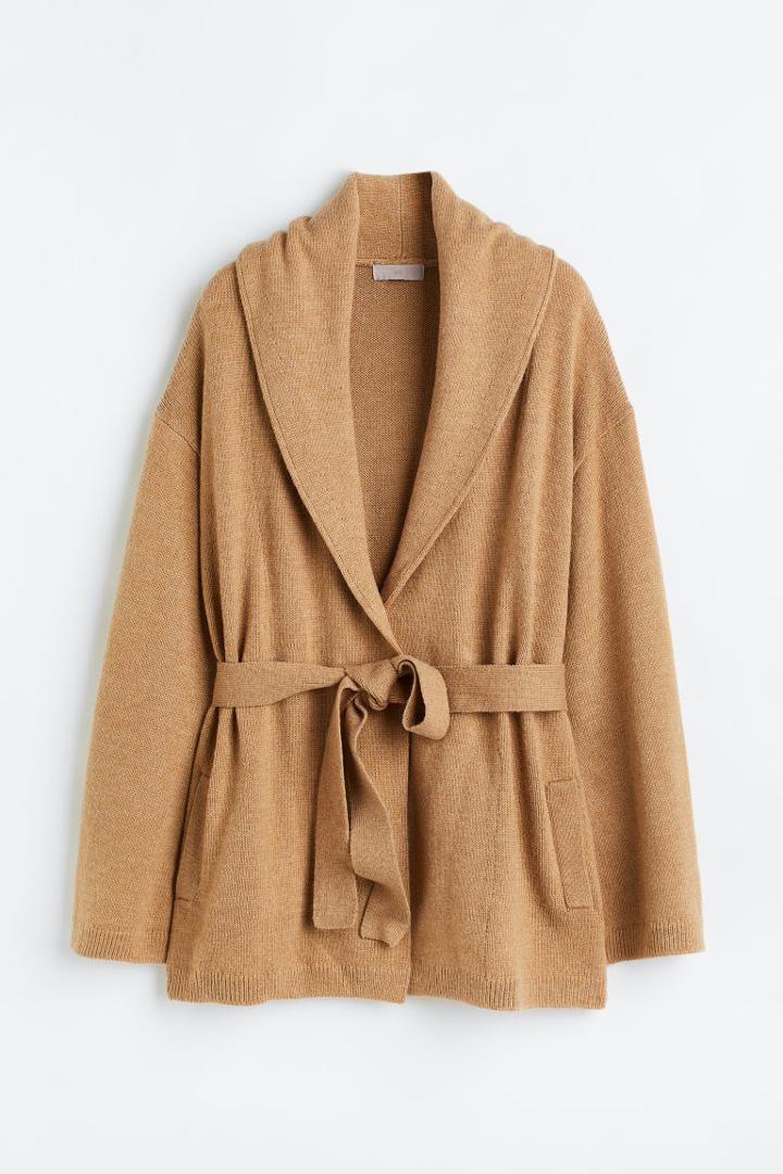 H & M - Fine-knit Cardigan With Tie Belt - Beige