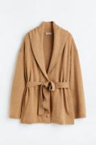 H & M - Fine-knit Cardigan With Tie Belt - Beige