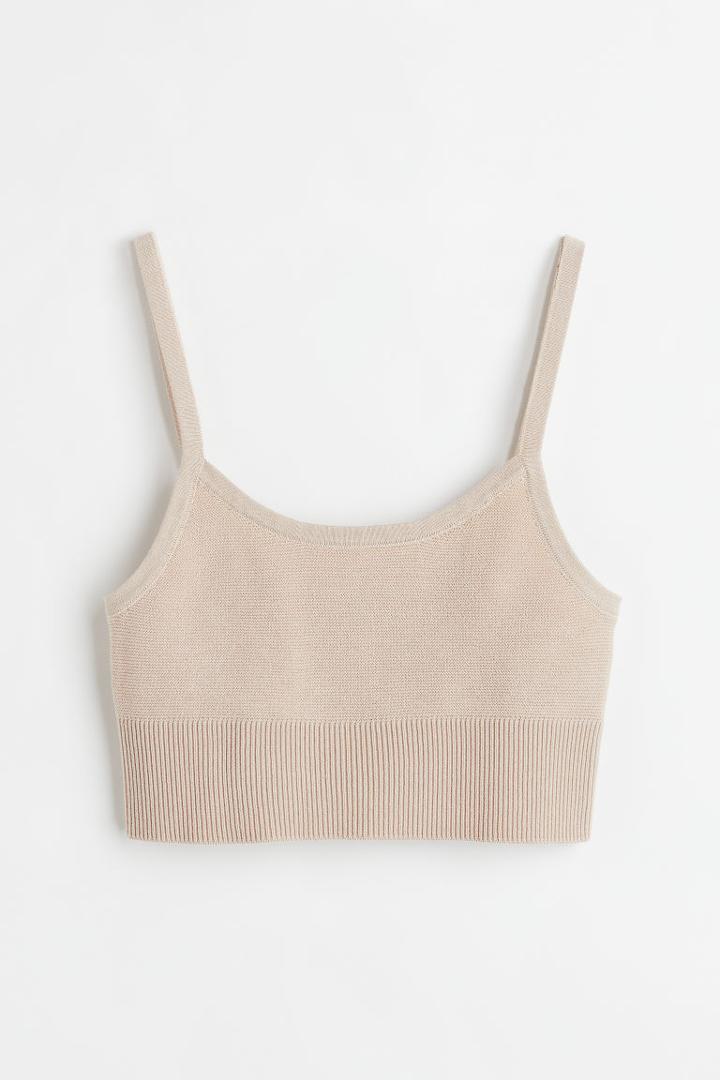 H & M - Garter-stitched Knit Crop Top - Beige