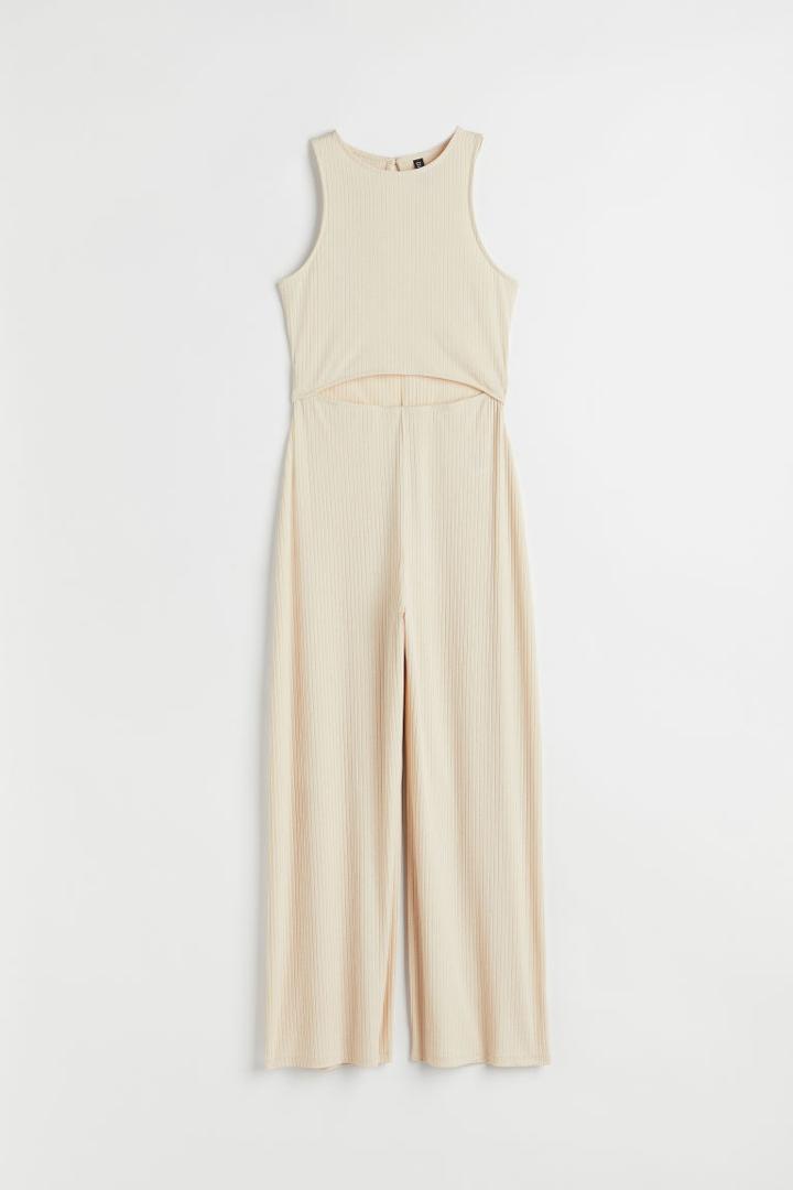 H & M - Cut-out Ribbed Jumpsuit - Beige