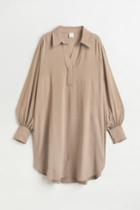 H & M - Balloon-sleeved Shirt Dress - Beige