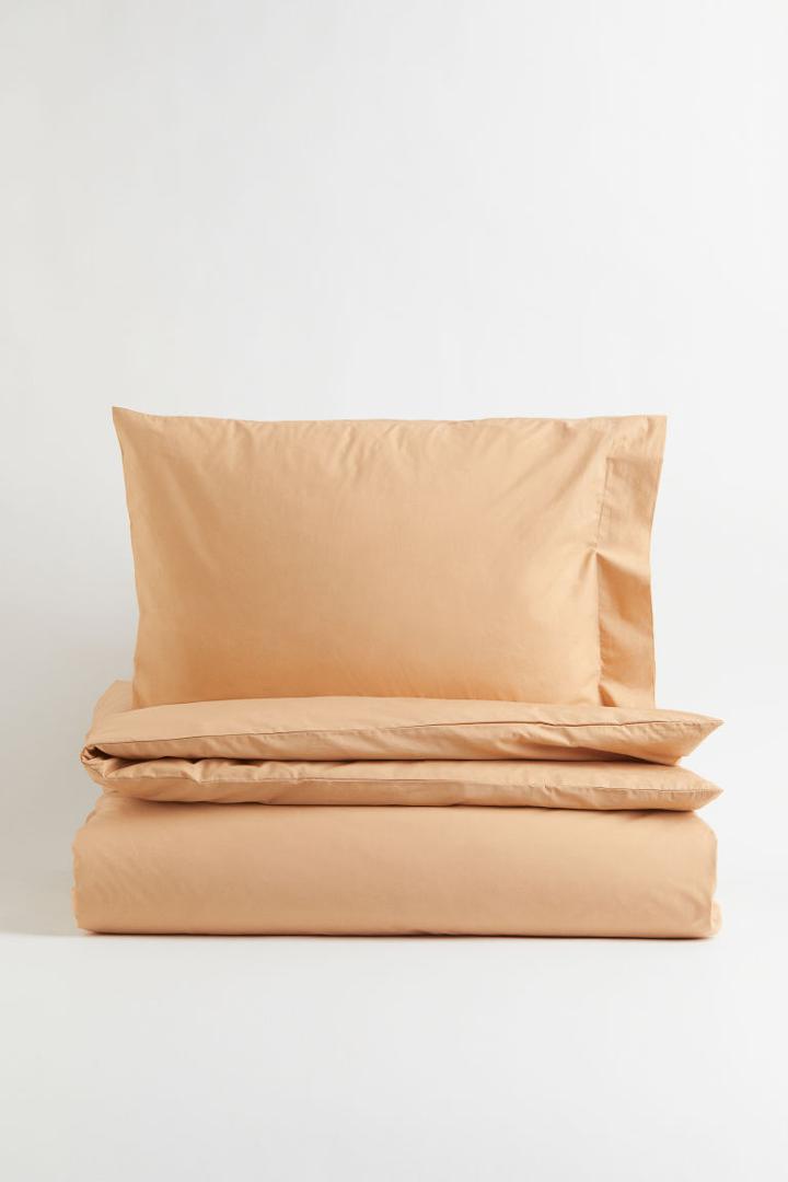 H & M - Cotton Percale Twin Duvet Cover Set - Beige