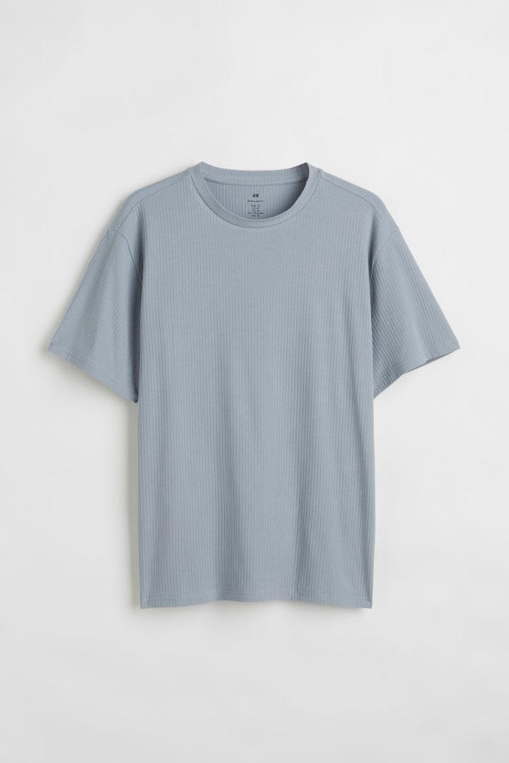 H & M - Regular Fit Ribbed Cotton T-shirt - Gray