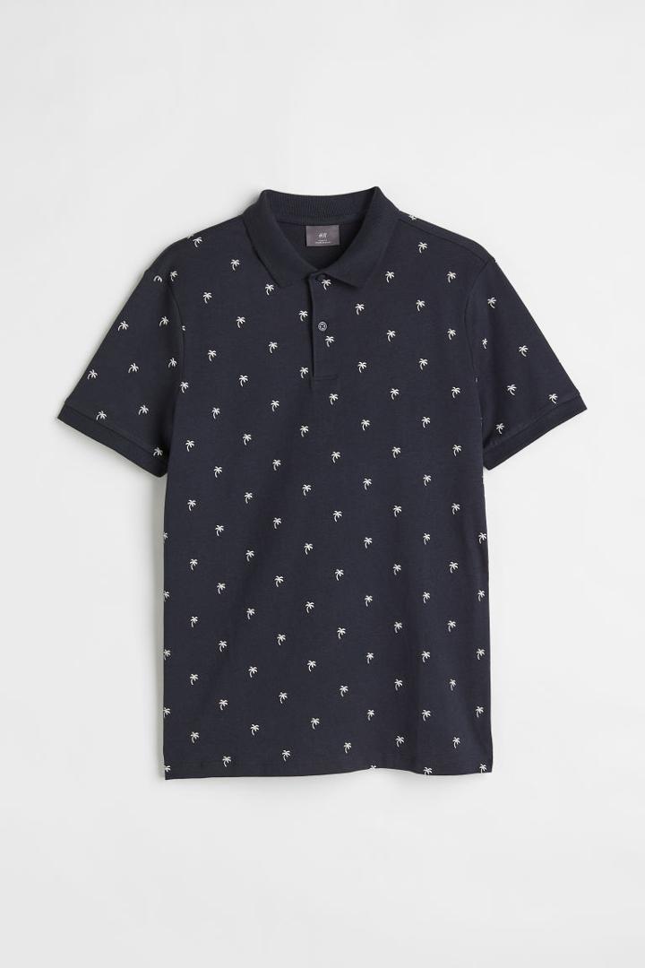H & M - Slim Fit Patterned Polo Shirt - Blue
