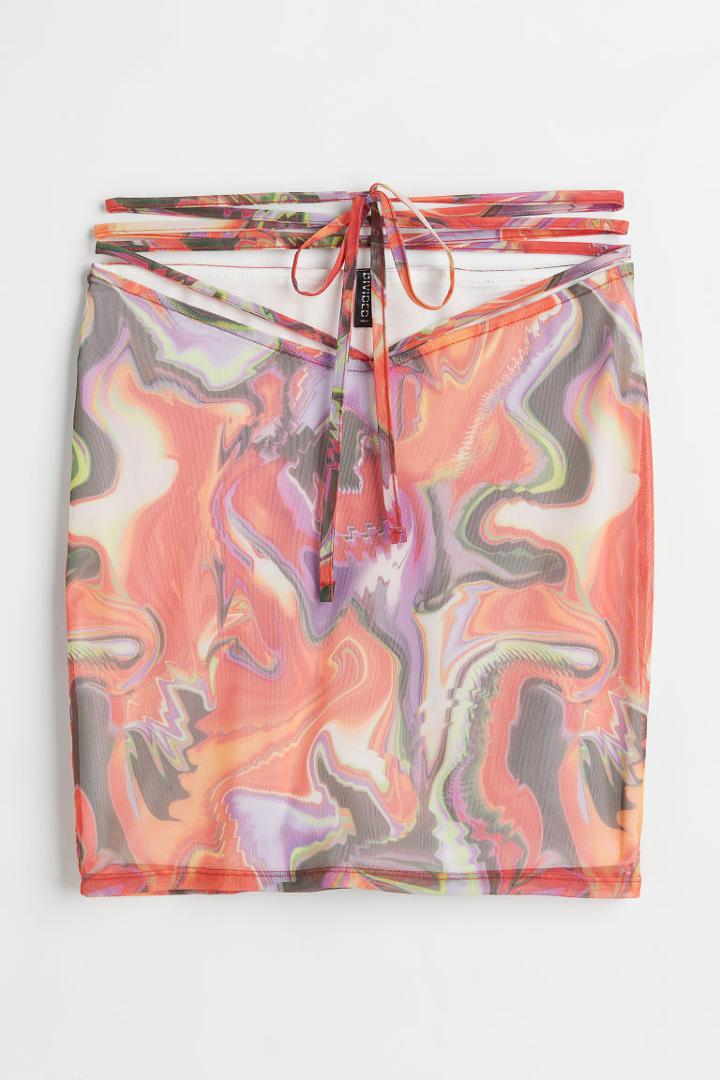 H & M - Tie-detail Mesh Skirt - Orange