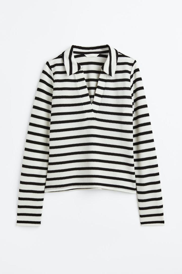 H & M - Jersey Top With Collar - White