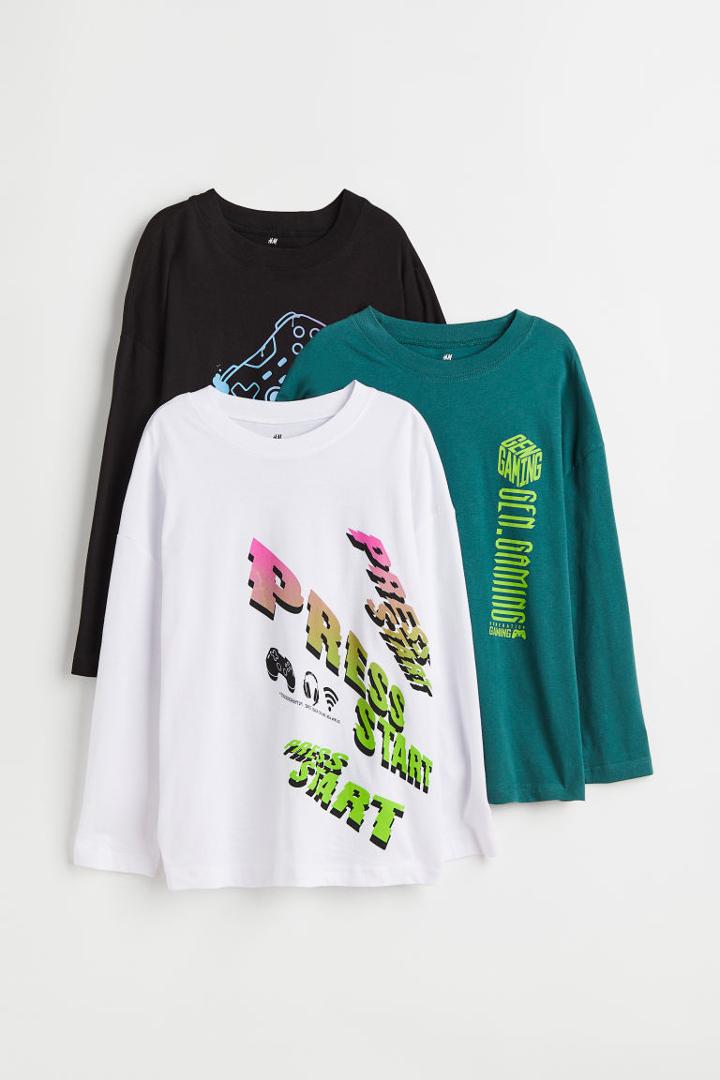 H & M - 3-pack Long-sleeved Printed Shirts - Black