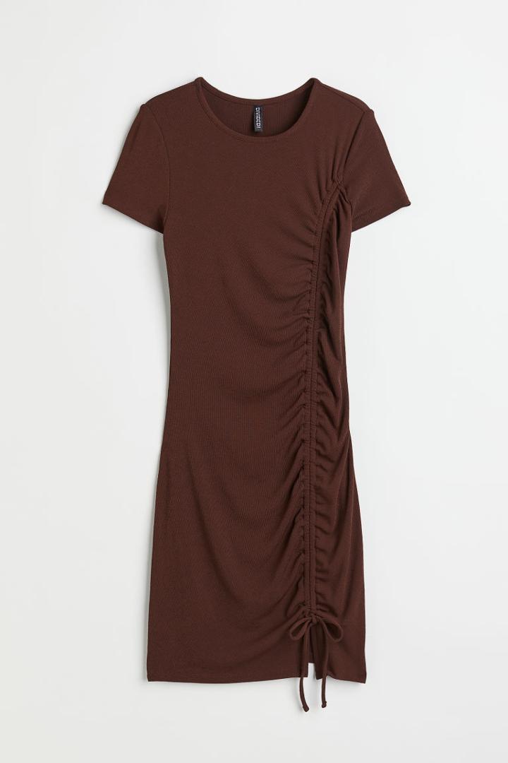 H & M - Fitted Drawstring-detail Dress - Brown