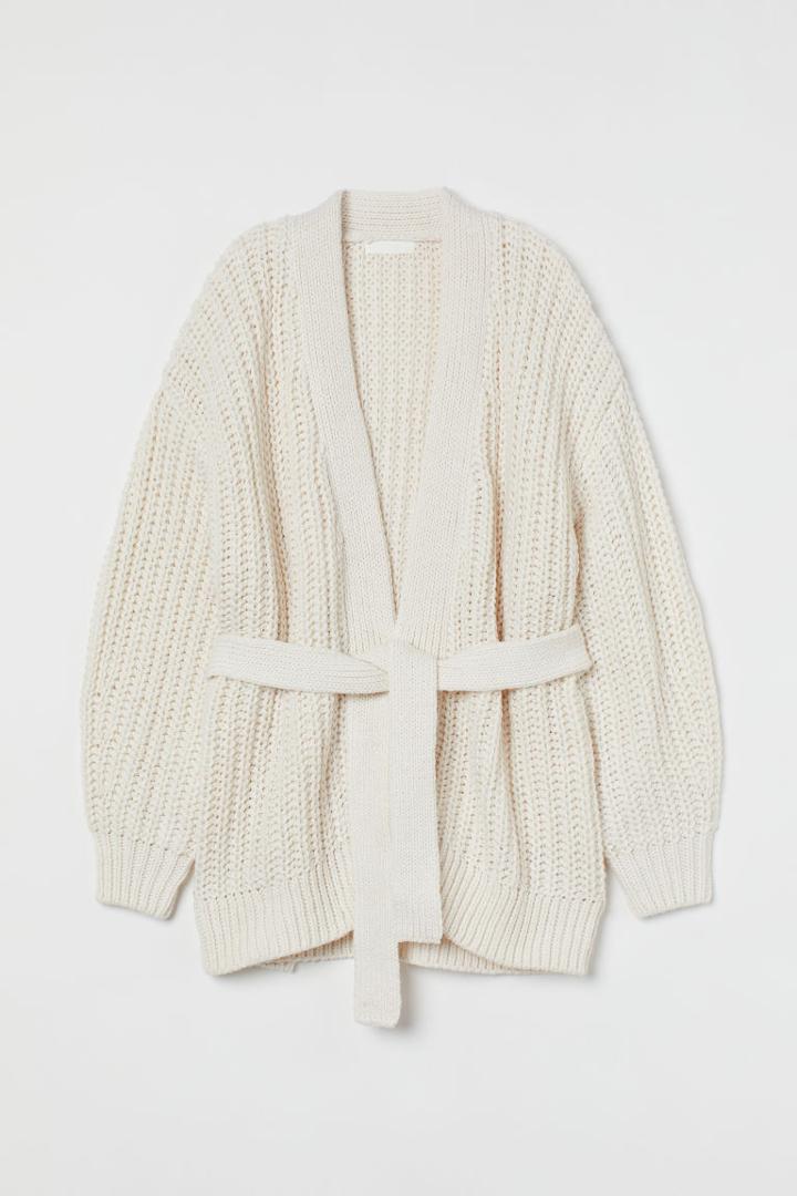 H & M - Cardigan With Tie Belt - White