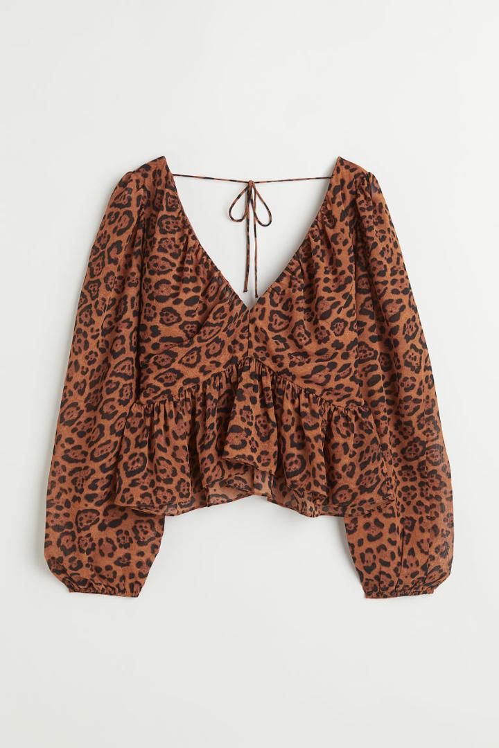 H & M - V-neck Peplum Blouse - Beige