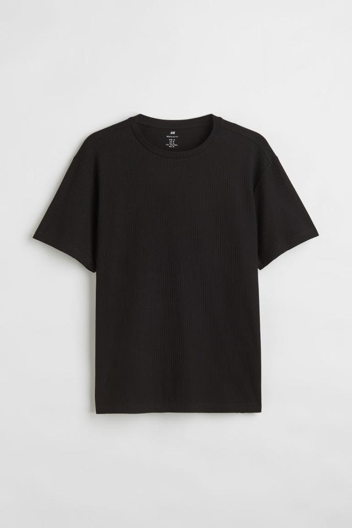 H & M - Regular Fit Ribbed Cotton T-shirt - Black