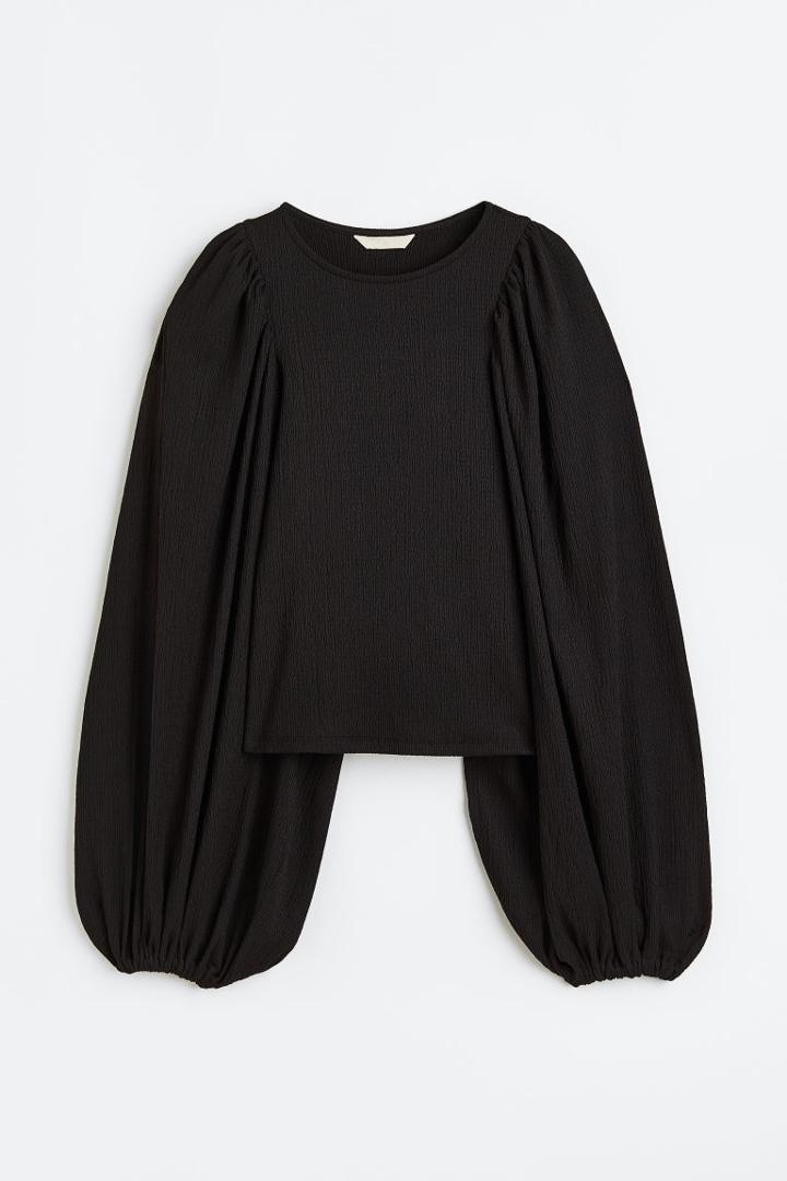 H & M - Balloon-sleeved Jersey Top - Black