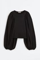 H & M - Balloon-sleeved Jersey Top - Black