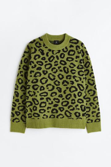 H & M - Oversized Fit Jacquard-knit Sweater - Green