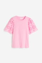 H & M - Eyelet Embroidery T-shirt - Pink