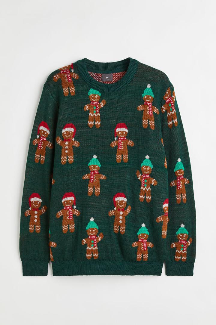 H & M - Regular Fit Jacquard-knit Sweater - Green