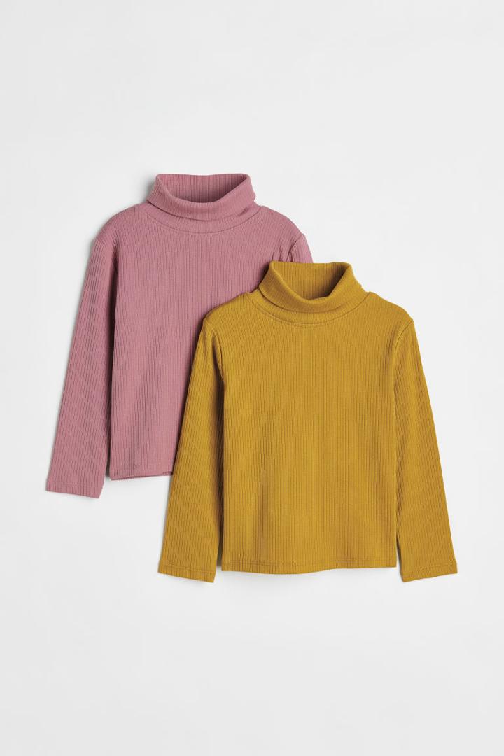 H & M - 2-pack Ribbed Jersey Mock Turtleneck Tops - Yellow