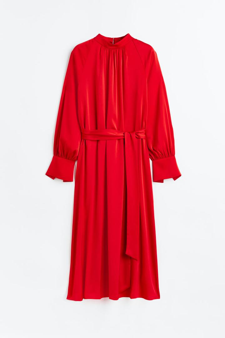 H & M - Tie-belt Satin Dress - Red