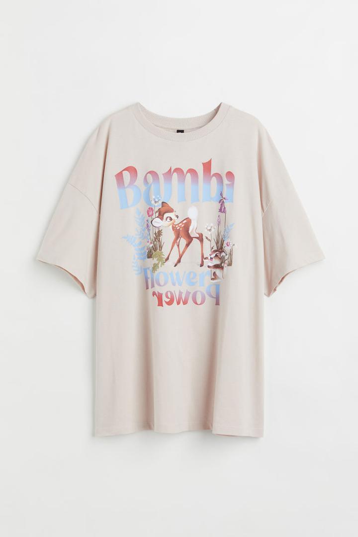 H & M - Oversized Printed T-shirt - Beige