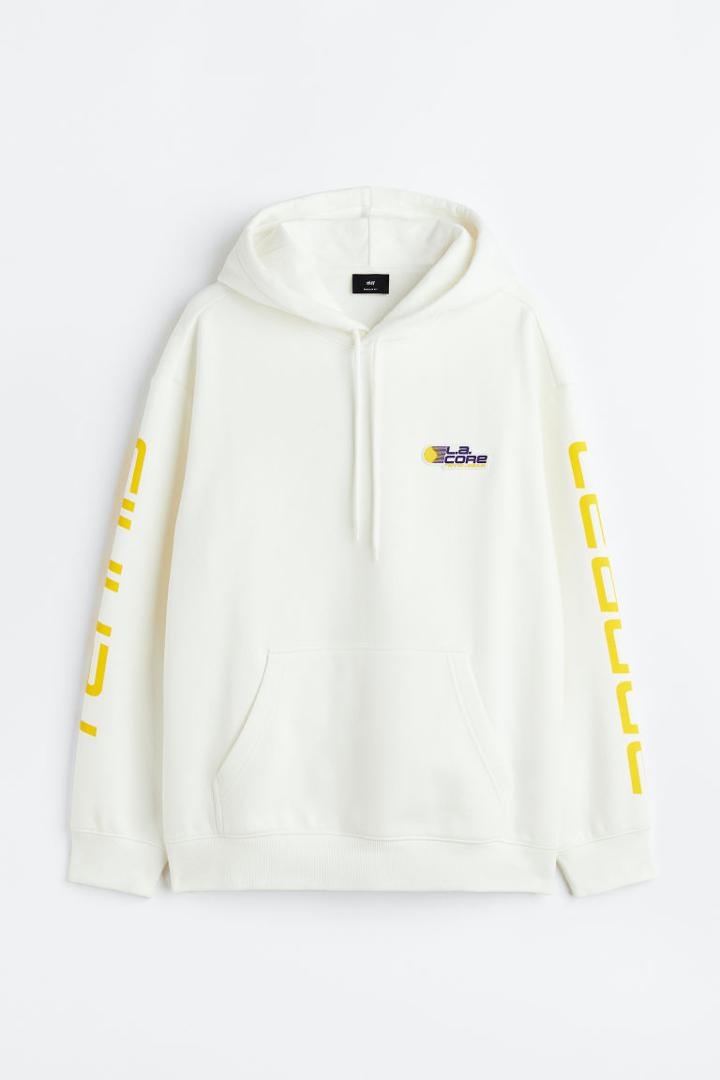 H & M - Relaxed Fit Printed Hoodie - White