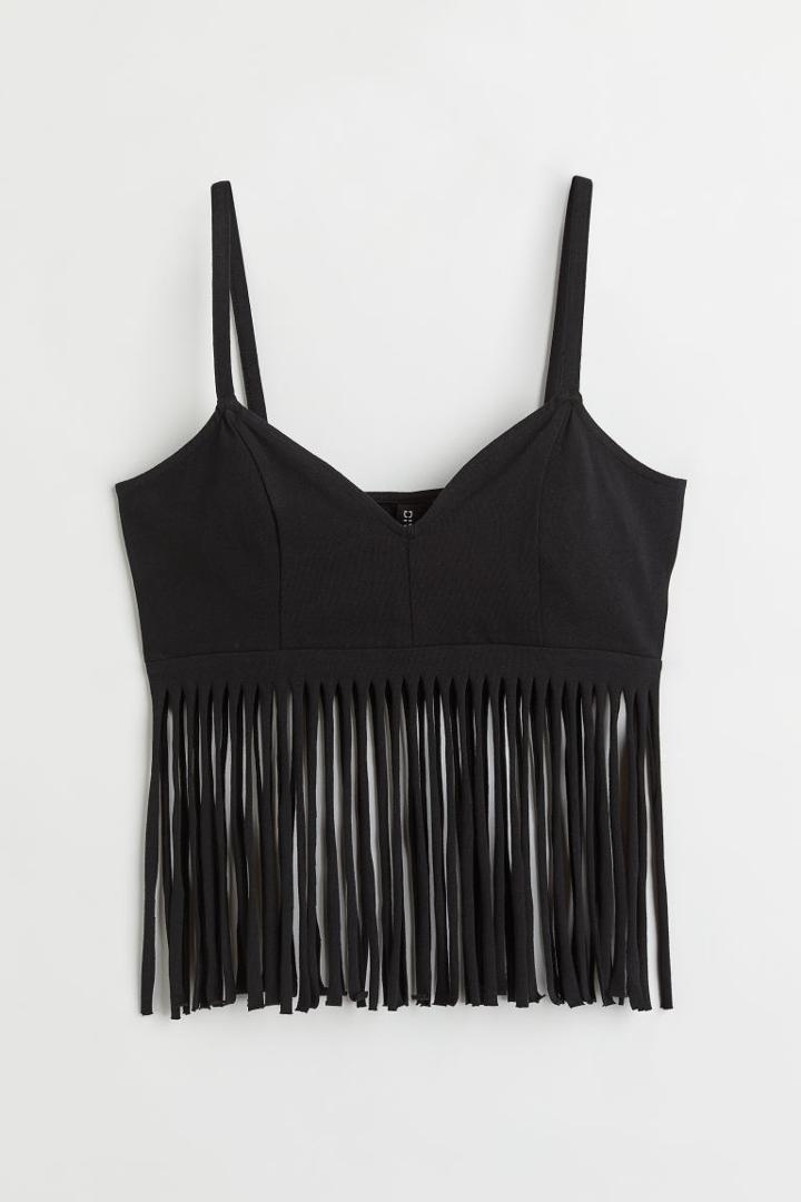 H & M - Fringe-trimmed Top - Black