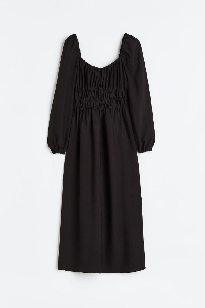 H & M - Balloon-sleeved Smocked Dress - Black