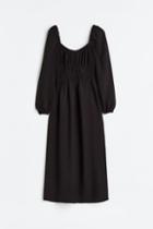 H & M - Balloon-sleeved Smocked Dress - Black