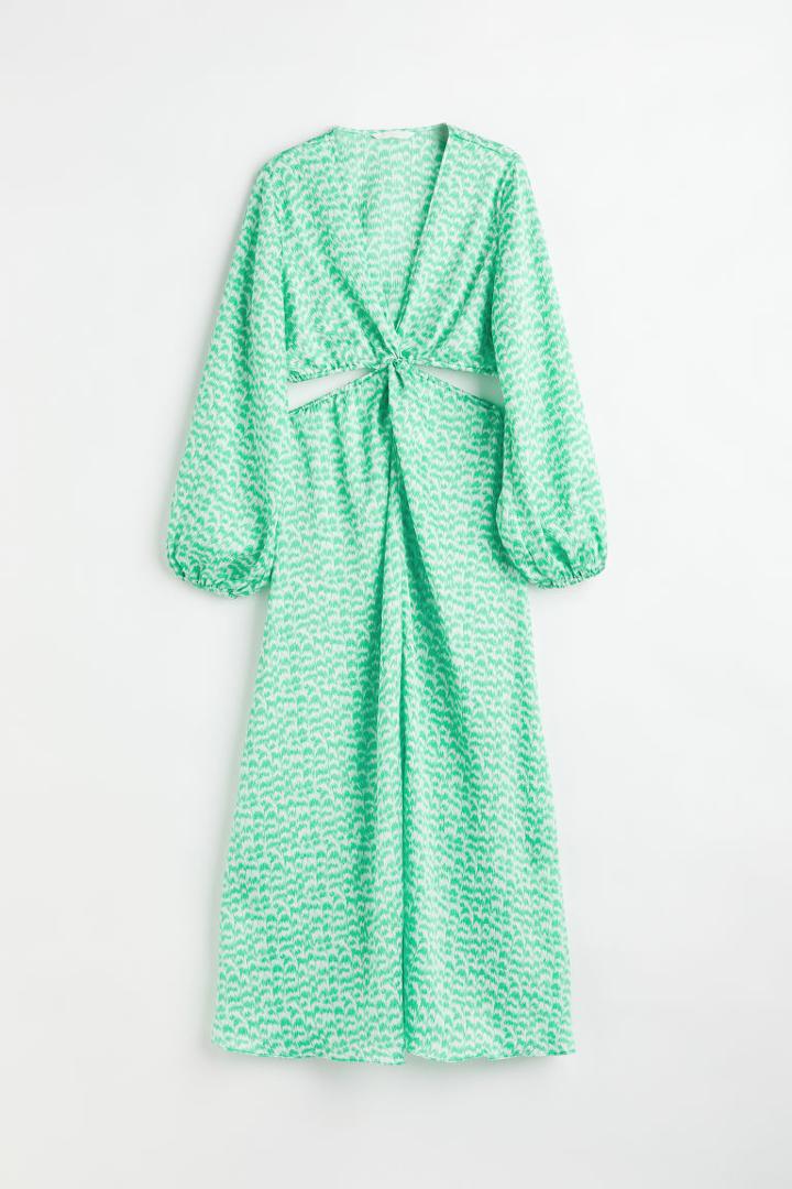 H & M - Balloon-sleeved Cut-out Crped Dress - Green