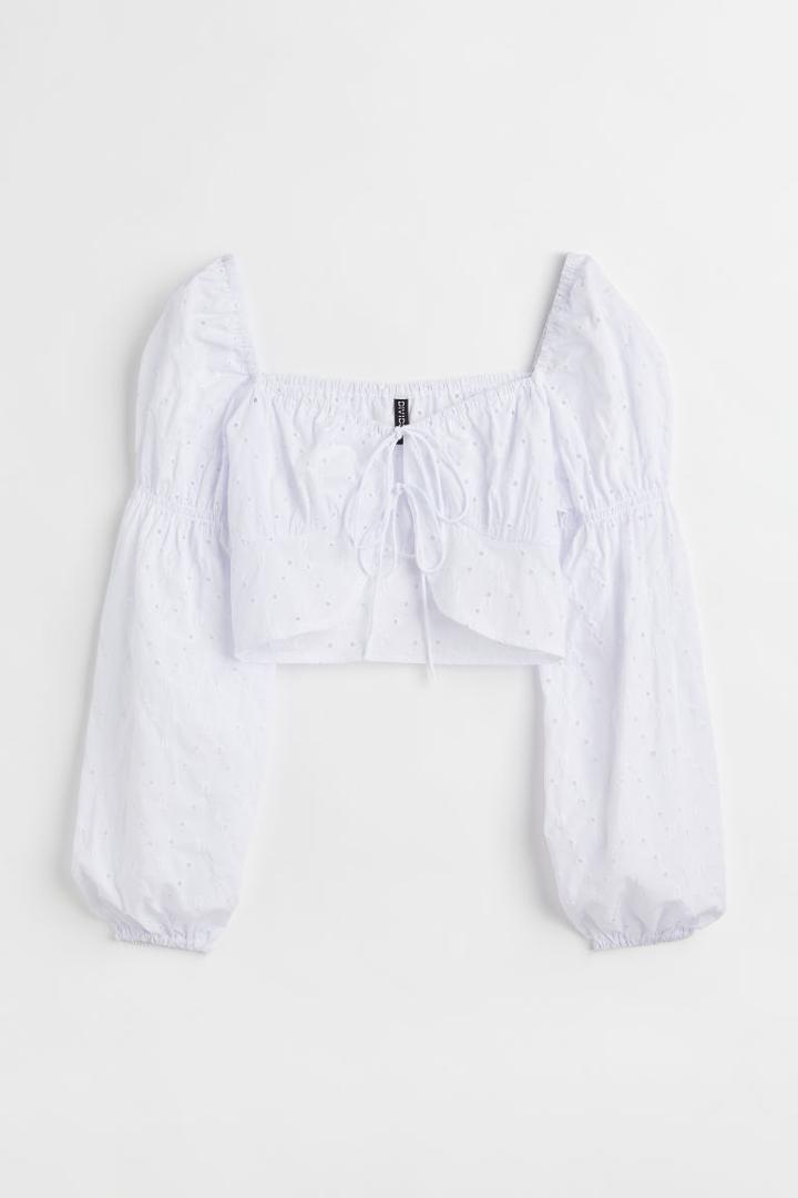 H & M - Tie-front Long-sleeved Blouse - White