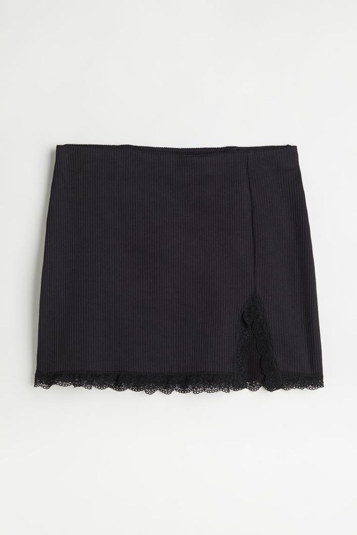 H & M - Ribbed Lace-detail Skirt - Black