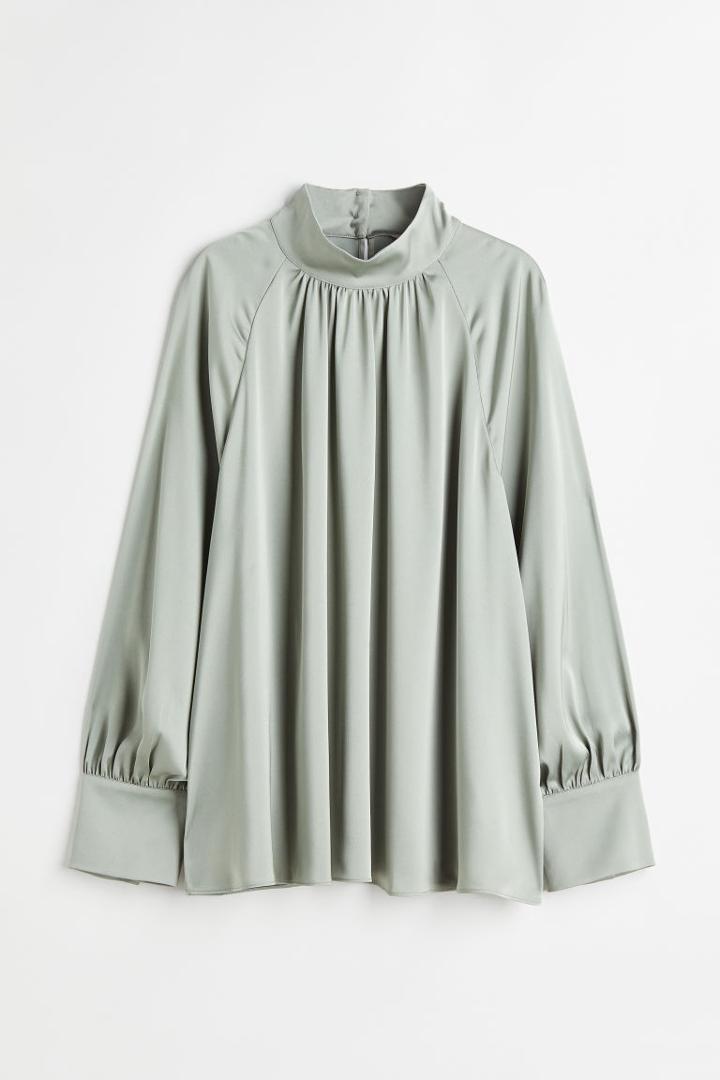 H & M - Balloon-sleeved Satin Blouse - Green