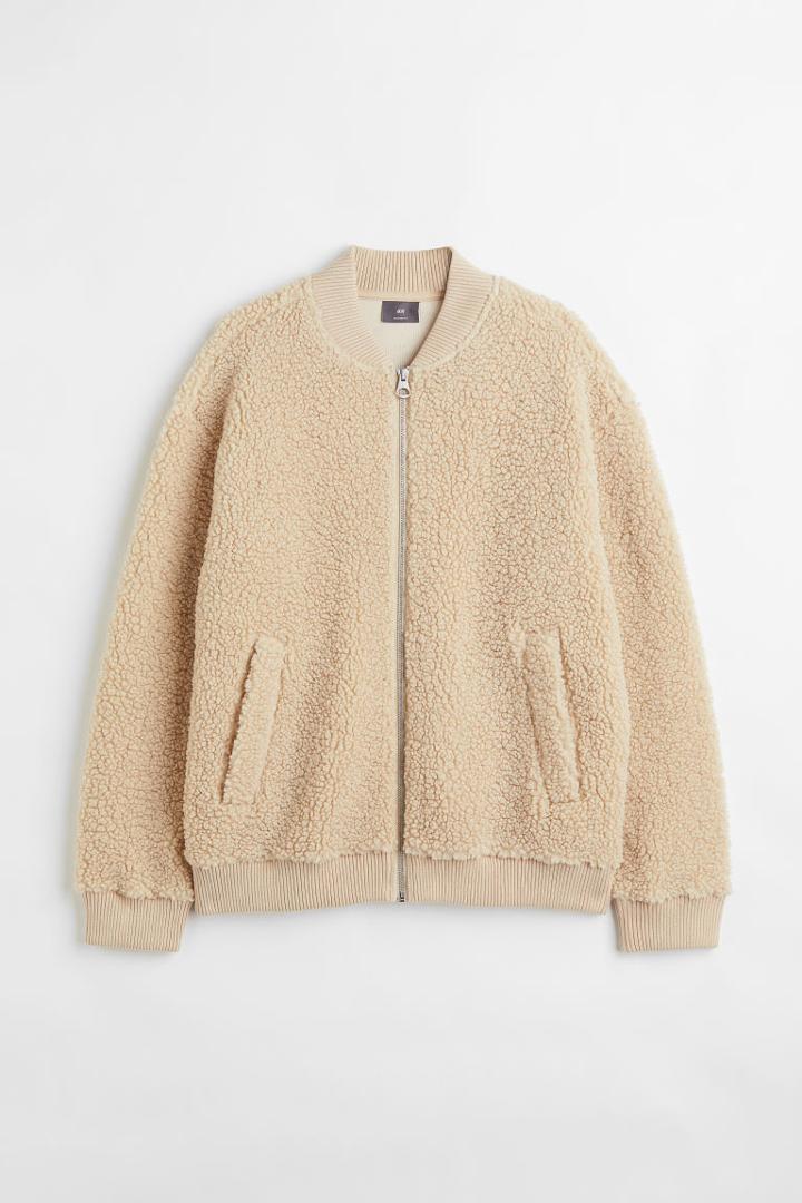 H & M - Relaxed Fit Faux Shearling Jacket - Beige