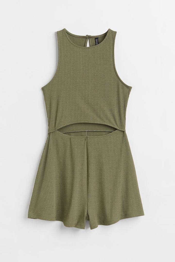 H & M - Ribbed Romper With Cut-out - Green