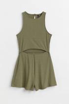 H & M - Ribbed Romper With Cut-out - Green
