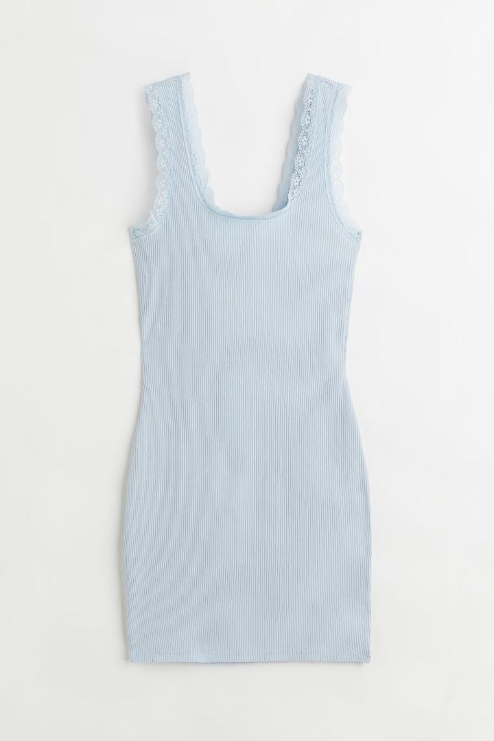 H & M - Lace-trimmed Ribbed Dress - Blue