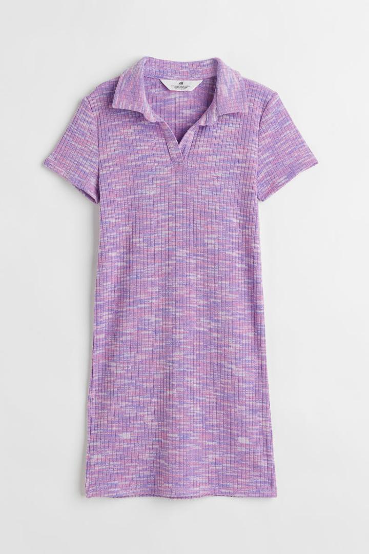 H & M - Ribbed Jersey Dress With Collar - Purple