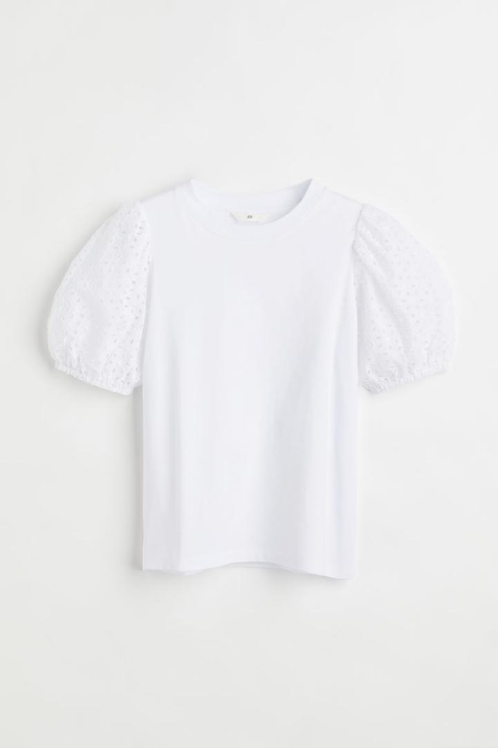 H & M - Embroidered-sleeve T-shirt - White