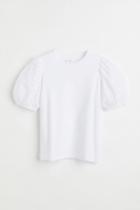 H & M - Embroidered-sleeve T-shirt - White