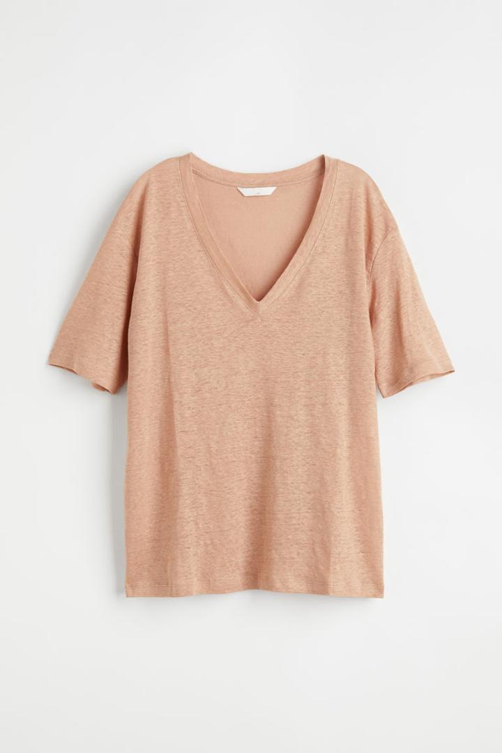 H & M - V-neck Linen Jersey T-shirt - Beige