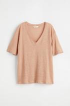 H & M - V-neck Linen Jersey T-shirt - Beige