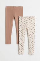 H & M - 2-pack Ribbed Cotton Leggings - Beige