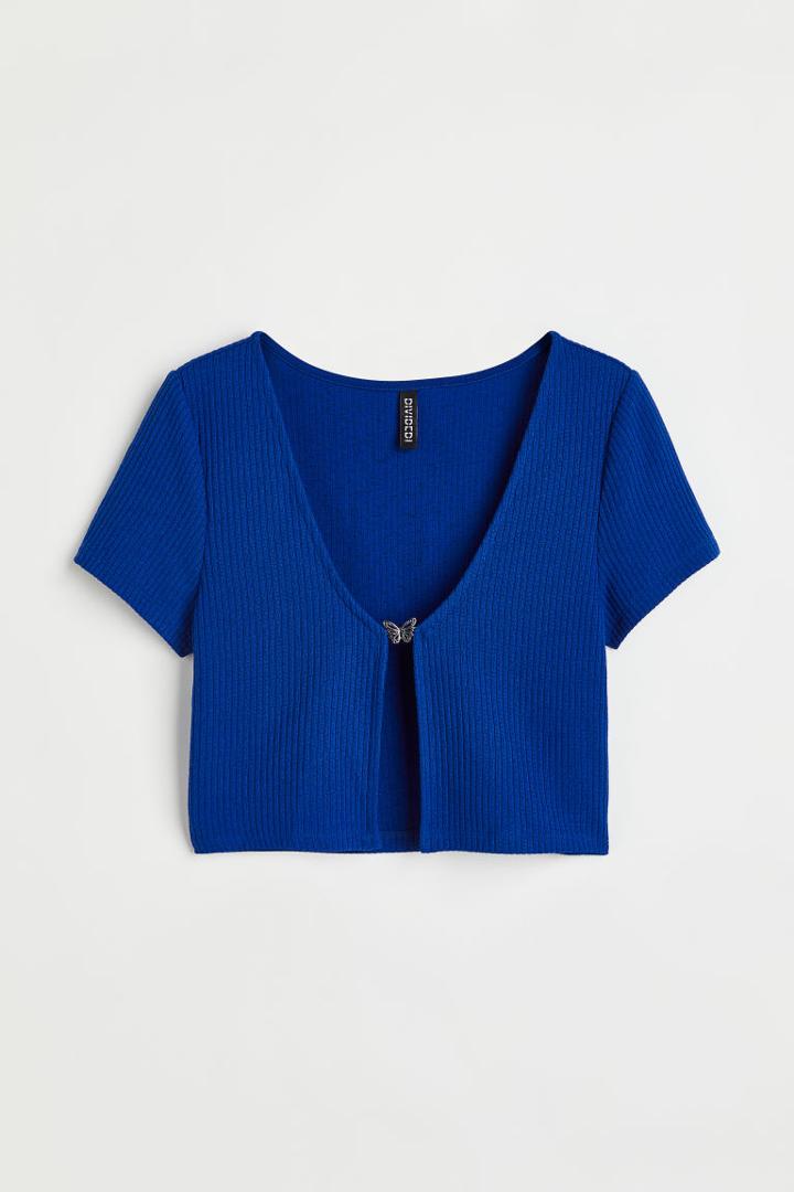 H & M - Ribbed Top With Butterfly Detail - Blue