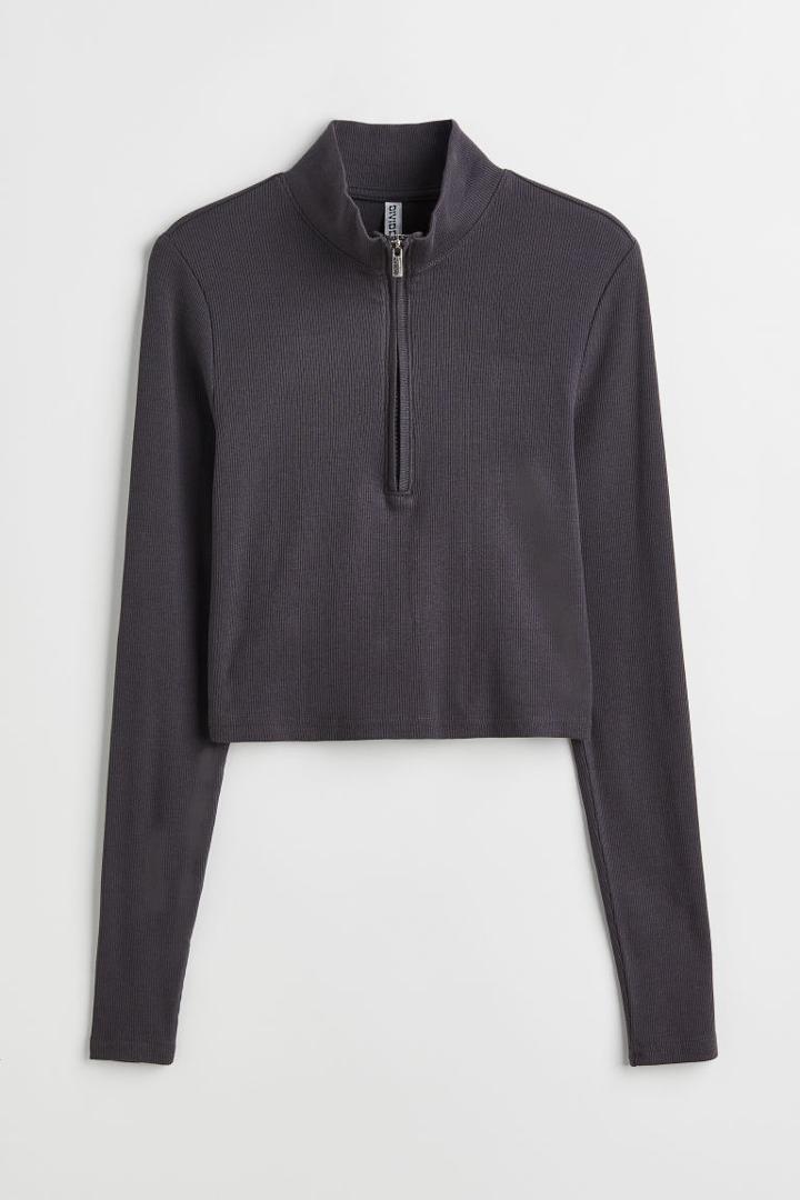 H & M - Half-zip Crop Top - Gray