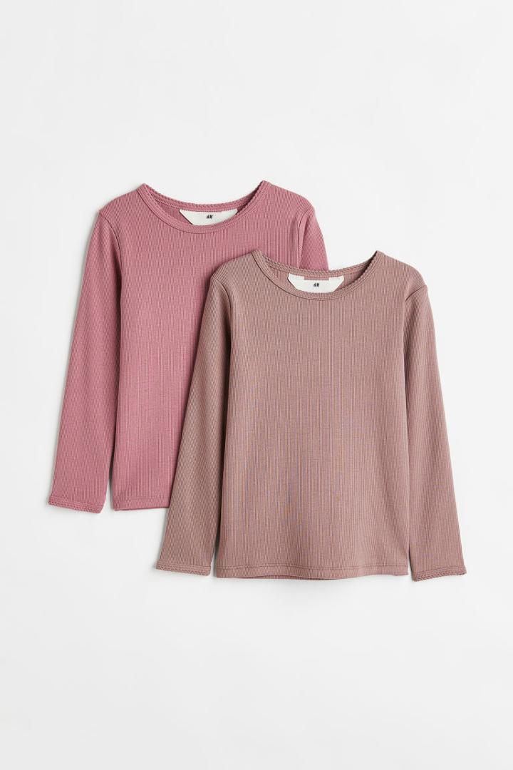 H & M - 2-pack Ribbed Cotton Tops - Pink