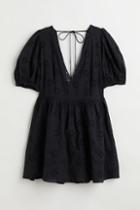 H & M - Puff-sleeved Eyelet Embroidery Beach Dress - Black