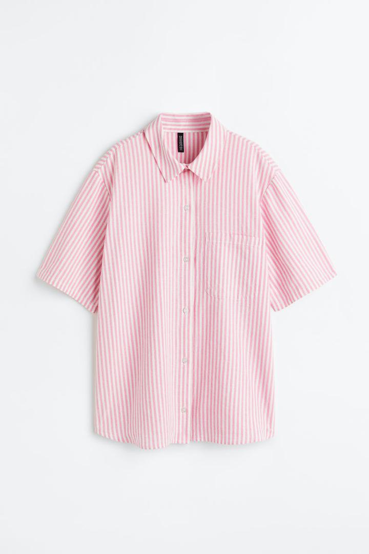 H & M - Short-sleeved Linen-blend Shirt - Pink