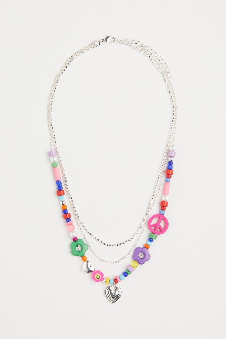 H & M - Triple-strand Necklace With Beads - Silver