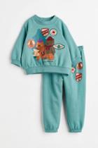 H & M - 2-piece Printed Sweatshirt Set - Green